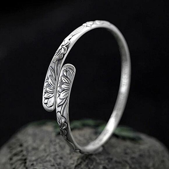 Sterling Silver Lotus Mantra Bangle Bracelet - Picture 6 of 9